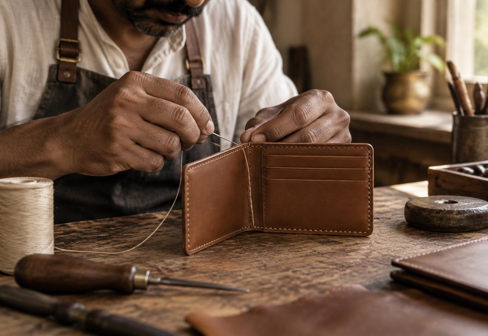 An artisan hand saddle-stitching a tan leather card holder at a workbench