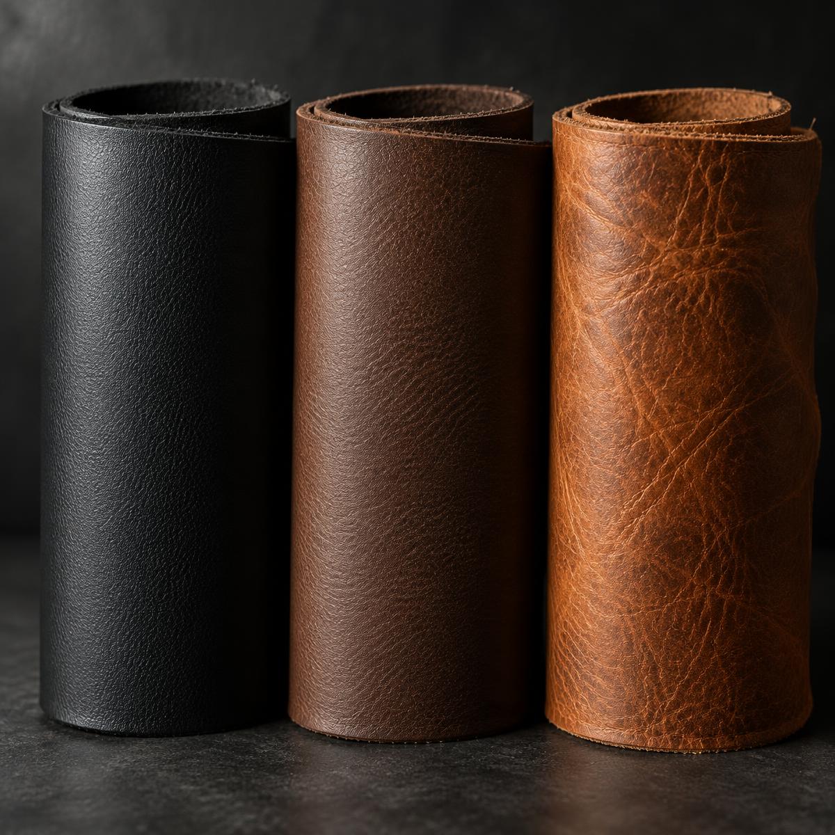 Three rolled leather swatches: synthetic, corrected grain and full-grain