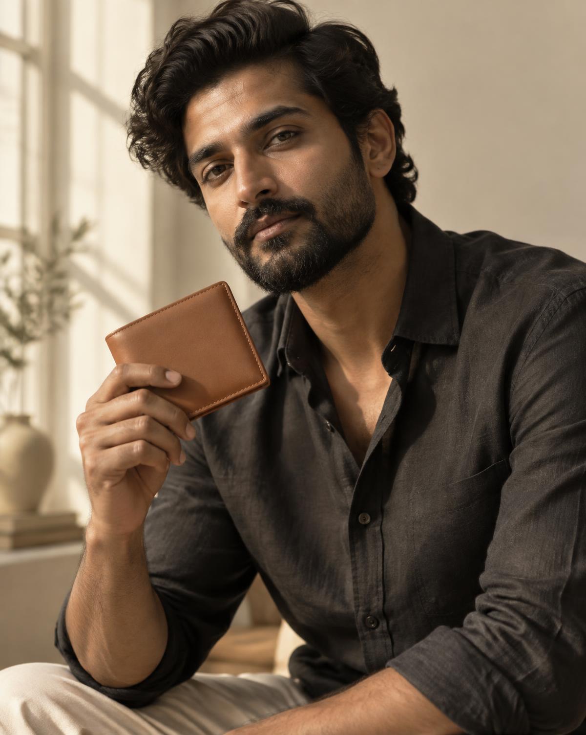 A man holding the tan Copperfield card holder in warm daylight